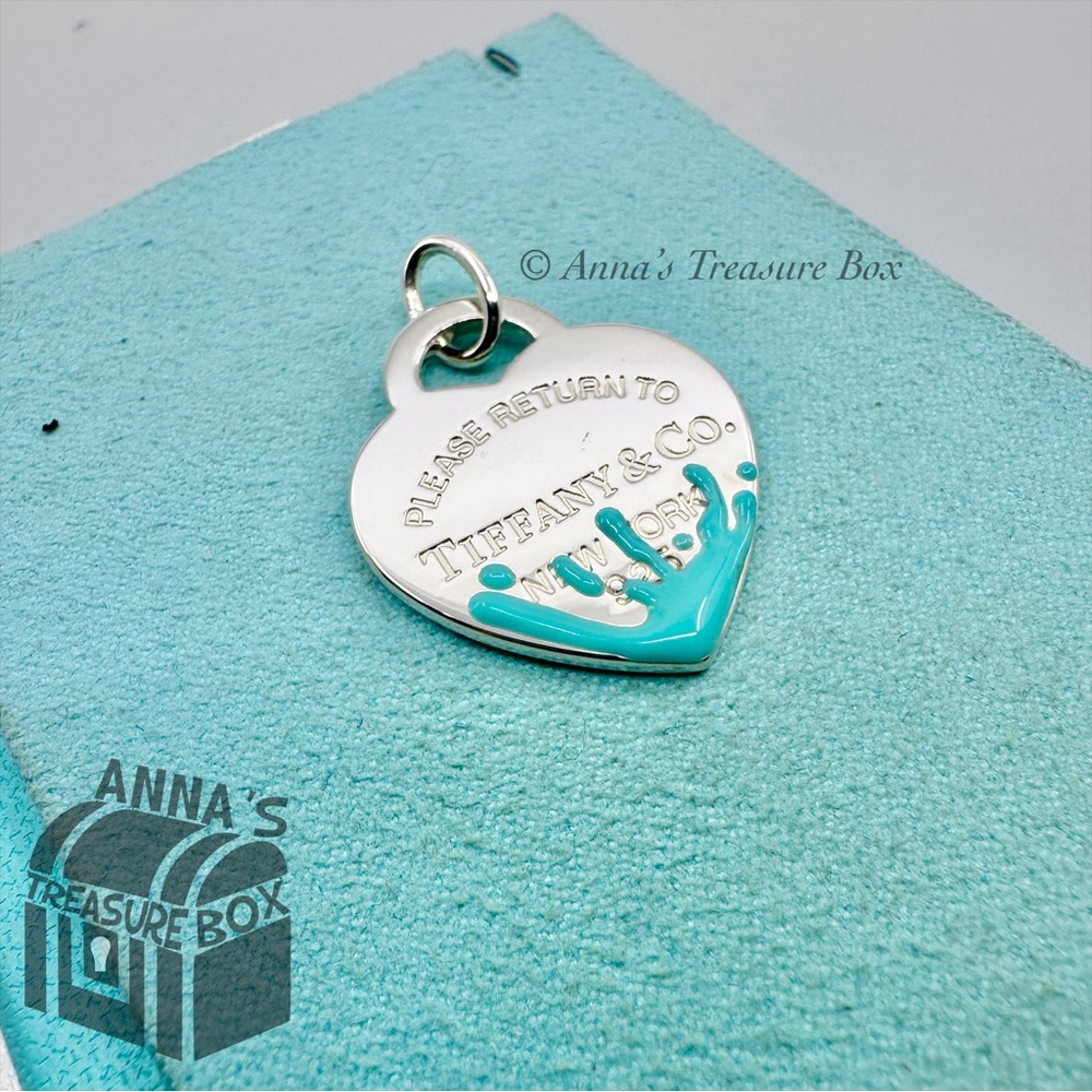 Tiffany & Co. 925 Silver LARGE Blue Splash Heart Pendant Charm(Box, Pch, Ribbon)